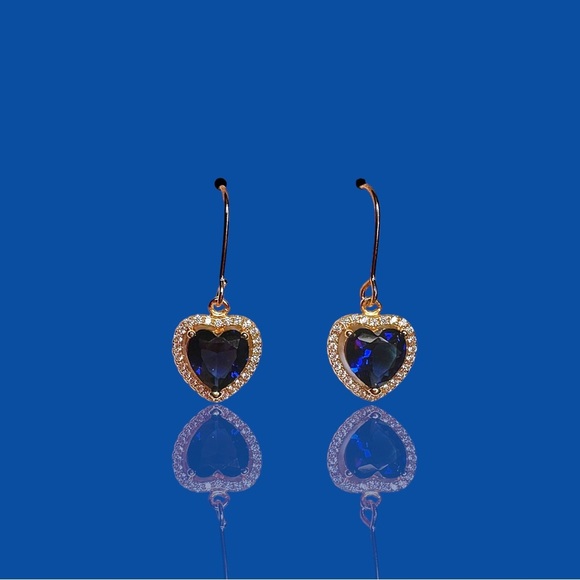 NEW Rose Gold Tone Simulated Sapphire & White Diamond Heart Dangle Earrings - Picture 2 of 8